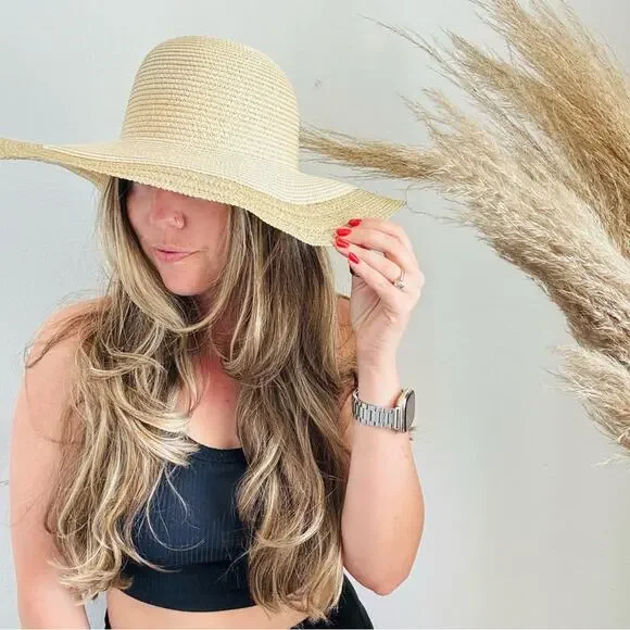 VINTAGE NORDSTROM Cream Tan Straw Wide Brim Floppy Gold Metallic Ribbon Sun Hat - Picture 8 of 10